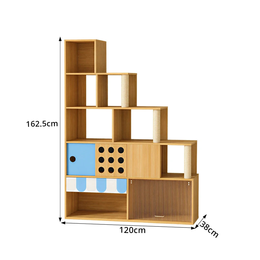 PAWORA Cat Ladder Cabinet - Left High Multi-Level Cat Condo with Storage and Litter Box Area - Wood