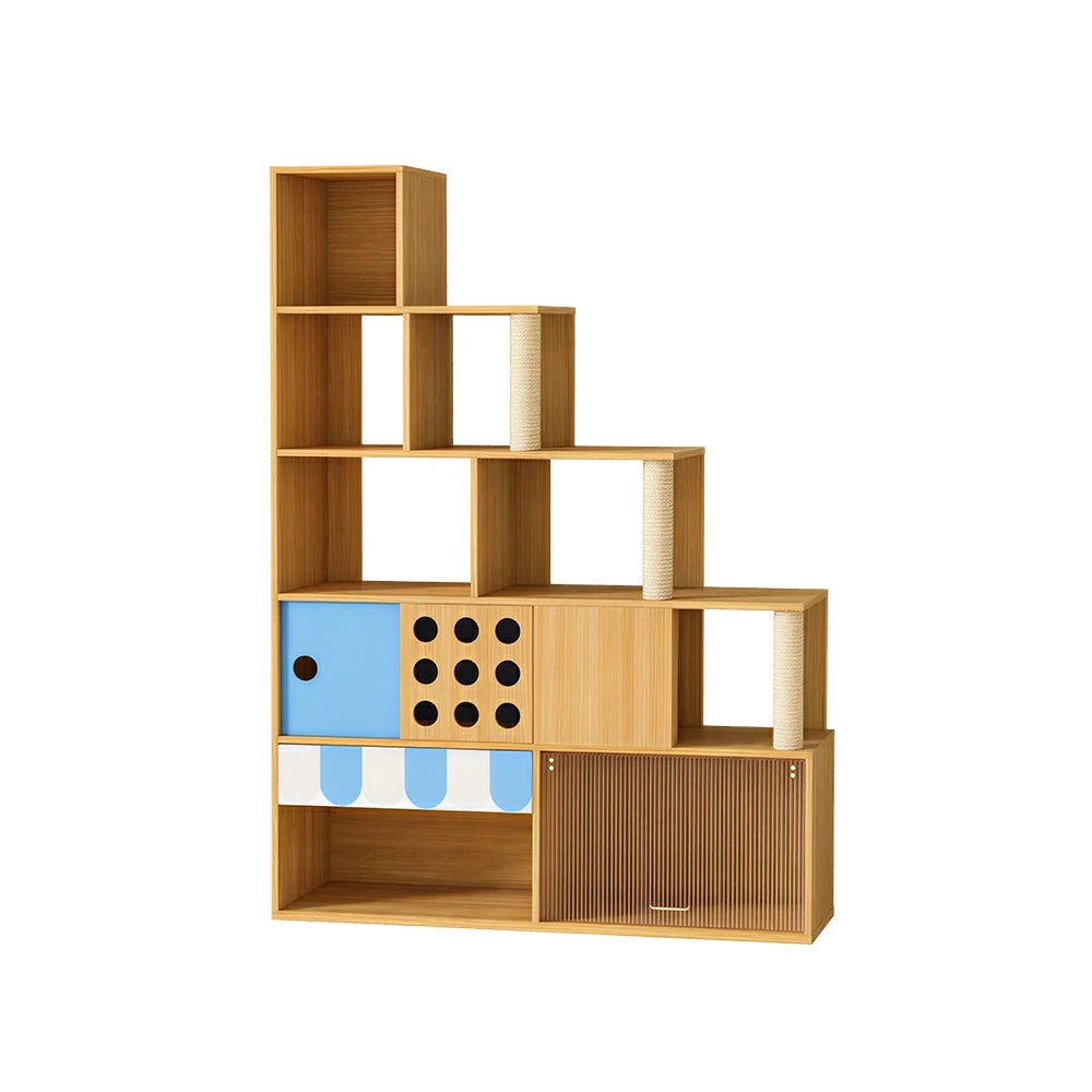 PAWORA Cat Ladder Cabinet - Left High Multi-Level Cat Condo with Storage and Litter Box Area - Wood