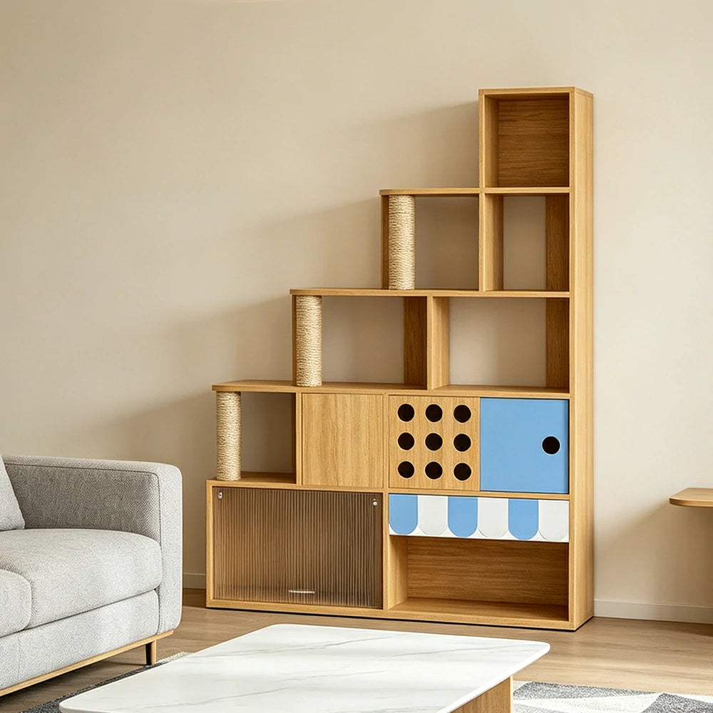 PAWORA Cat Ladder Cabinet - Right High Multi-Level Cat Condo with Storage and Litter Box Area - Wood