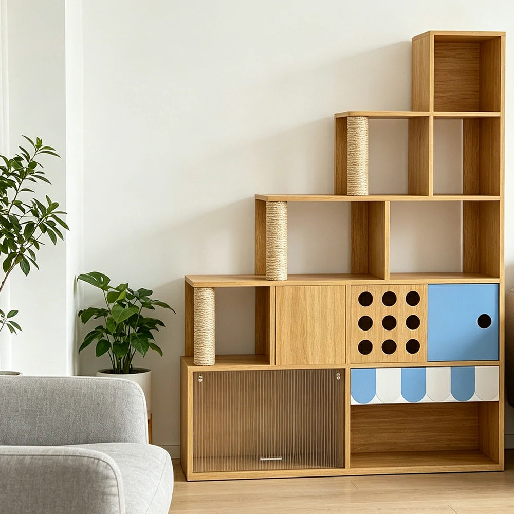 PAWORA Cat Ladder Cabinet - Right High Multi-Level Cat Condo with Storage and Litter Box Area - Wood