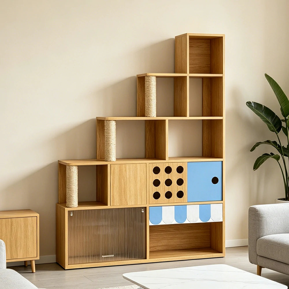 PAWORA Cat Ladder Cabinet - Right High Multi-Level Cat Condo with Storage and Litter Box Area - Wood