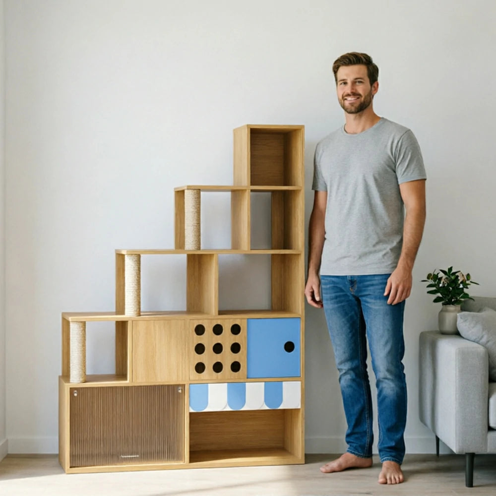 PAWORA Cat Ladder Cabinet - Right High Multi-Level Cat Condo with Storage and Litter Box Area - Wood