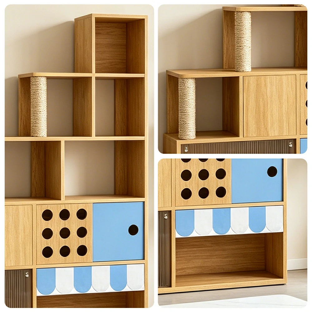 PAWORA Cat Ladder Cabinet - Right High Multi-Level Cat Condo with Storage and Litter Box Area - Wood