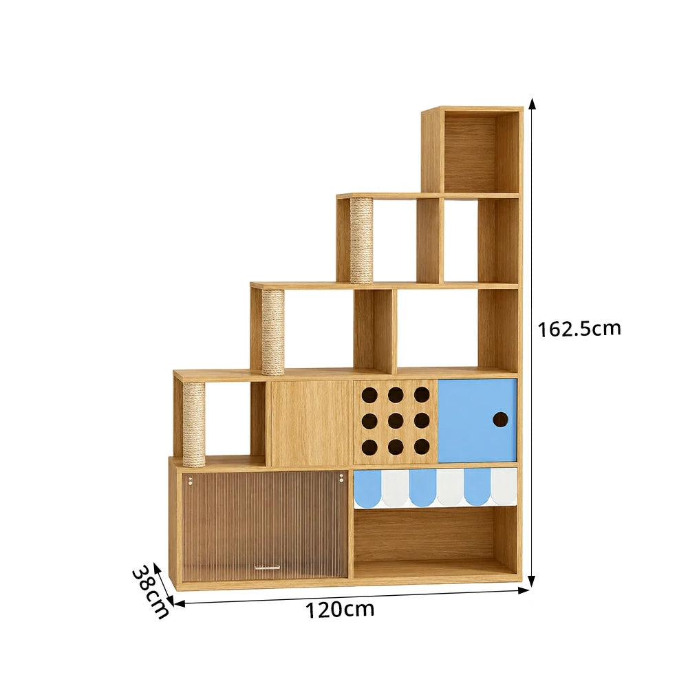 PAWORA Cat Ladder Cabinet - Right High Multi-Level Cat Condo with Storage and Litter Box Area - Wood