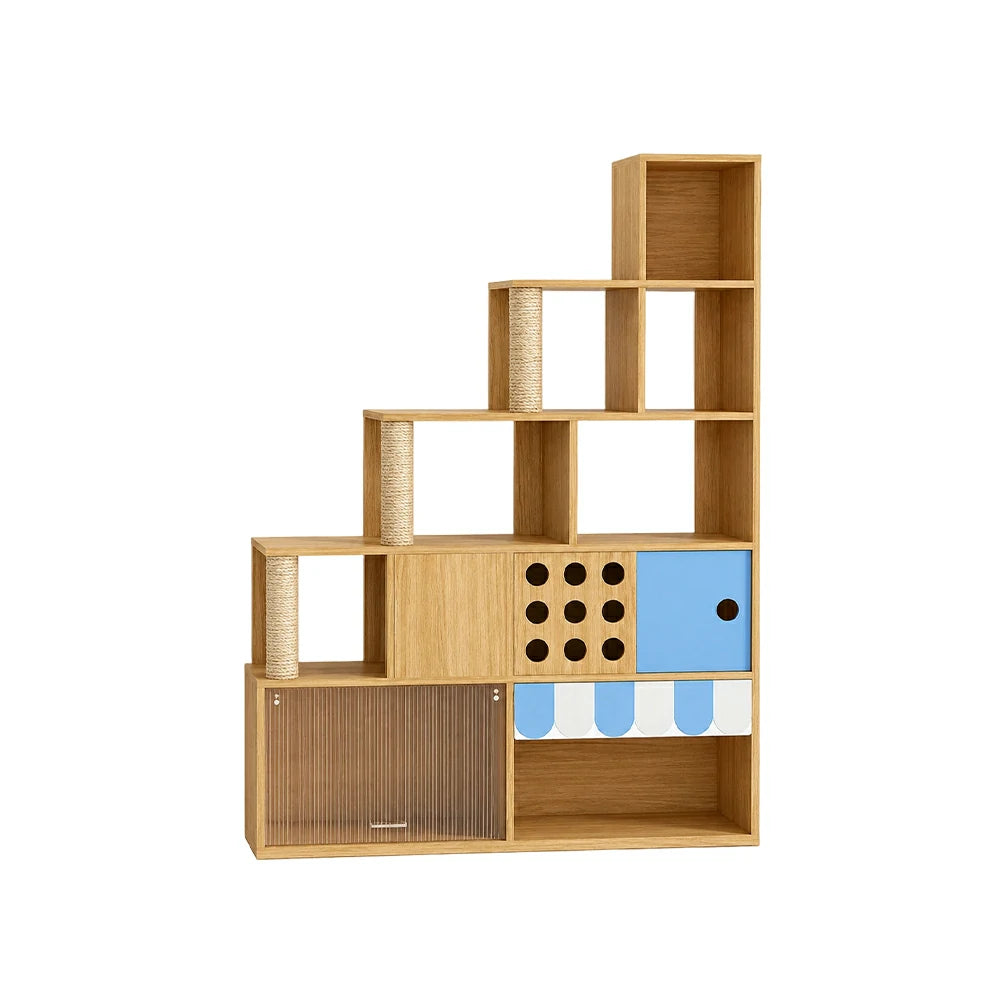 PAWORA Cat Ladder Cabinet - Right High Multi-Level Cat Condo with Storage and Litter Box Area - Wood