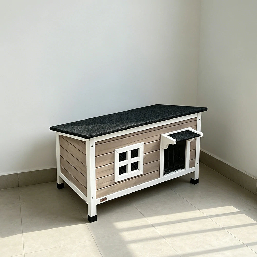 PAWORA Outdoor Wooden Cat House Fir Wood Water-Resistant Openable Roof for Garden Courtyard Balcony - Grey