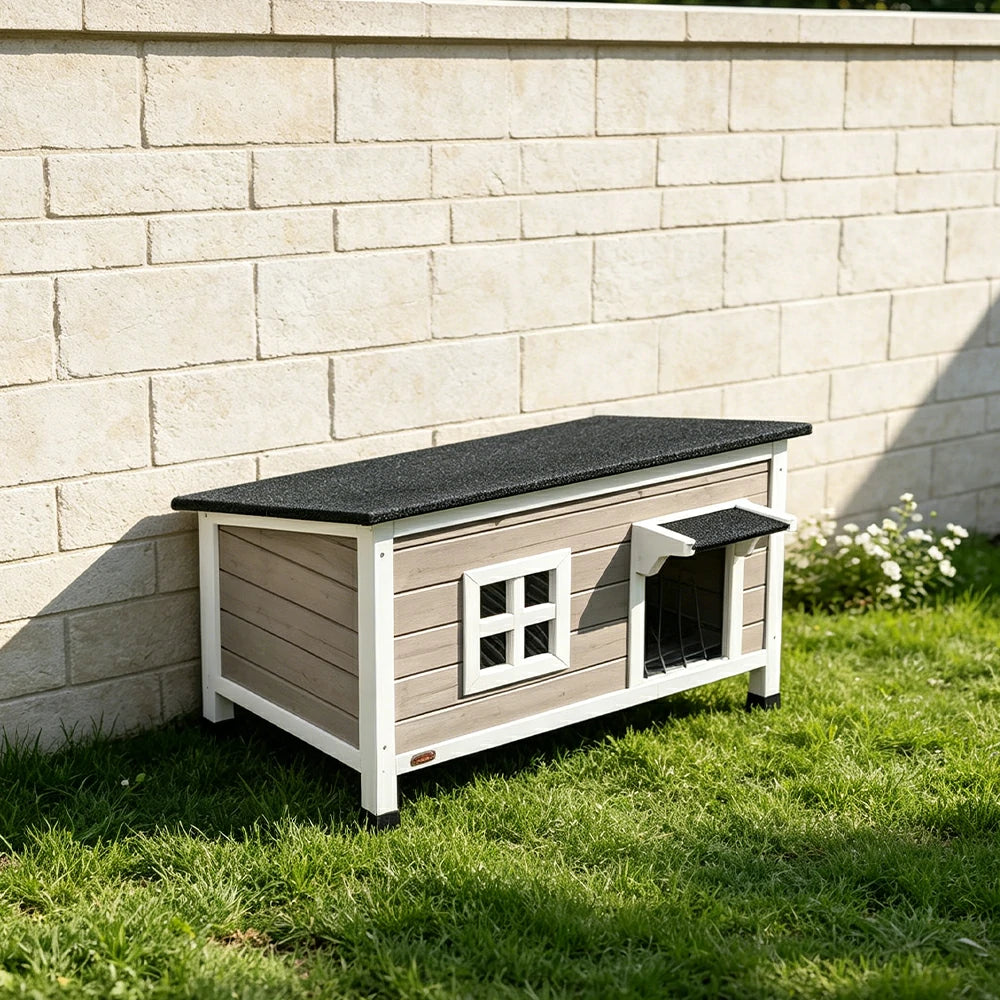 PAWORA Outdoor Wooden Cat House Fir Wood Water-Resistant Openable Roof for Garden Courtyard Balcony - Grey