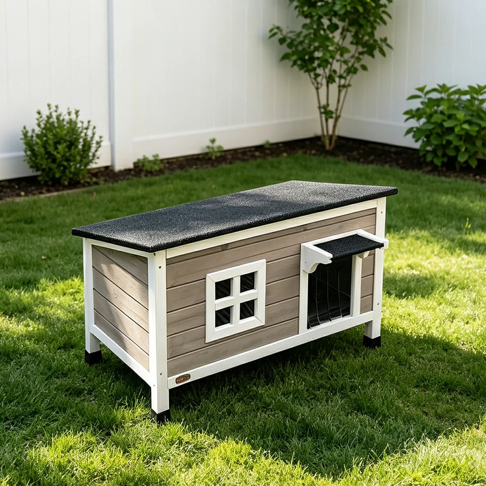 PAWORA Outdoor Wooden Cat House Fir Wood Water-Resistant Openable Roof for Garden Courtyard Balcony - Grey