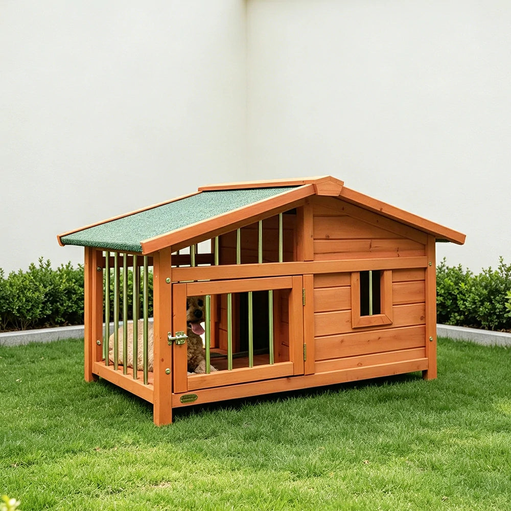 PAWORA Outdoor Fenced Dog House Solid Wood Waterproof Roof Openable Folding Support for Dogs under 7.5kg Courtyard Garden Balcony - Orange