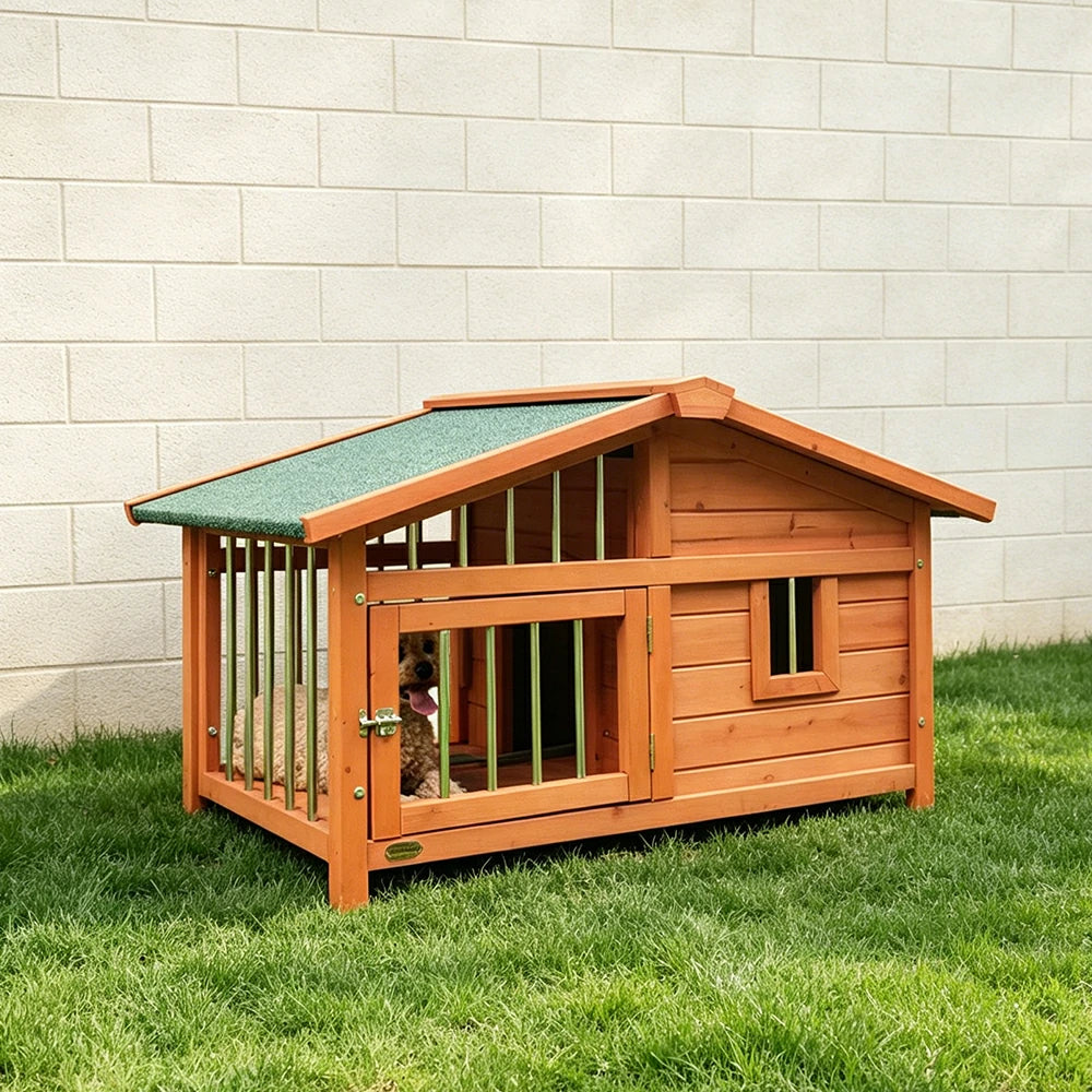 PAWORA Outdoor Fenced Dog House Solid Wood Waterproof Roof Openable Folding Support for Dogs under 7.5kg Courtyard Garden Balcony - Orange