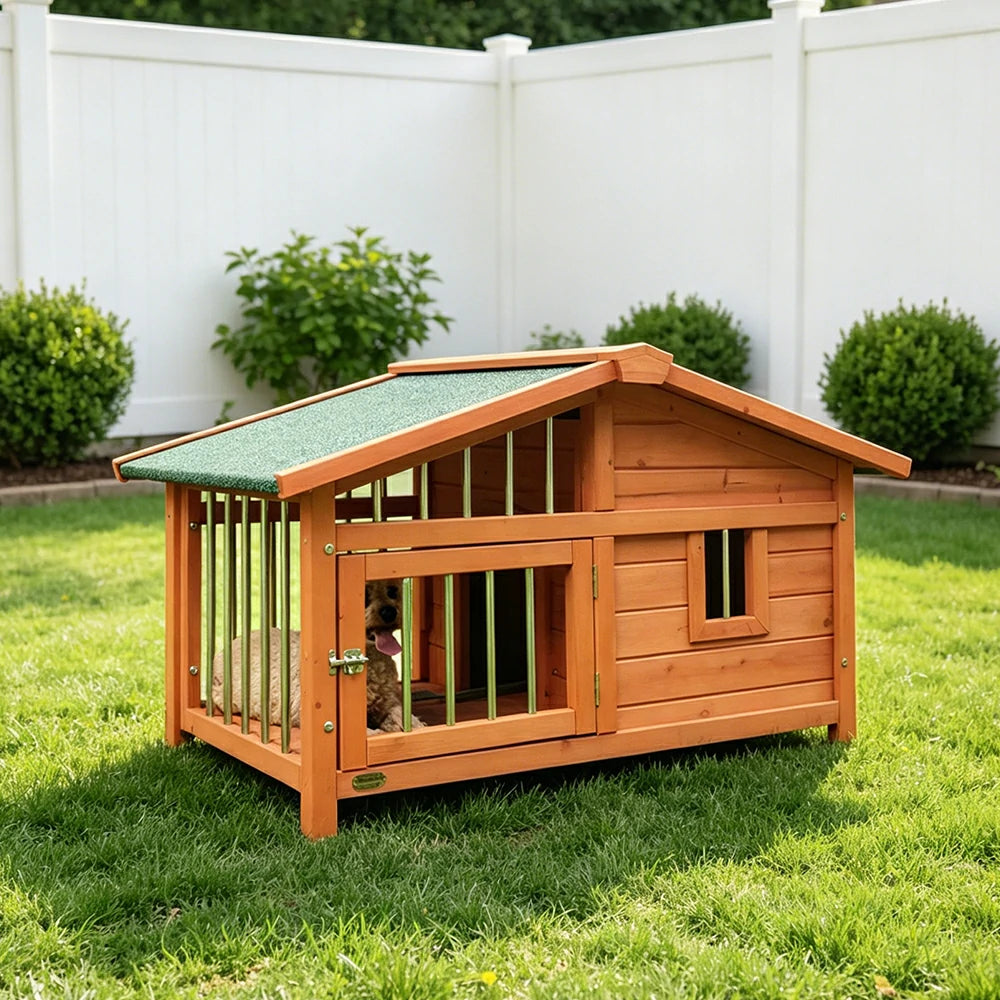 PAWORA Outdoor Fenced Dog House Solid Wood Waterproof Roof Openable Folding Support for Dogs under 7.5kg Courtyard Garden Balcony - Orange
