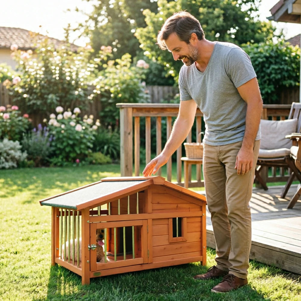PAWORA Outdoor Fenced Dog House Solid Wood Waterproof Roof Openable Folding Support for Dogs under 7.5kg Courtyard Garden Balcony - Orange
