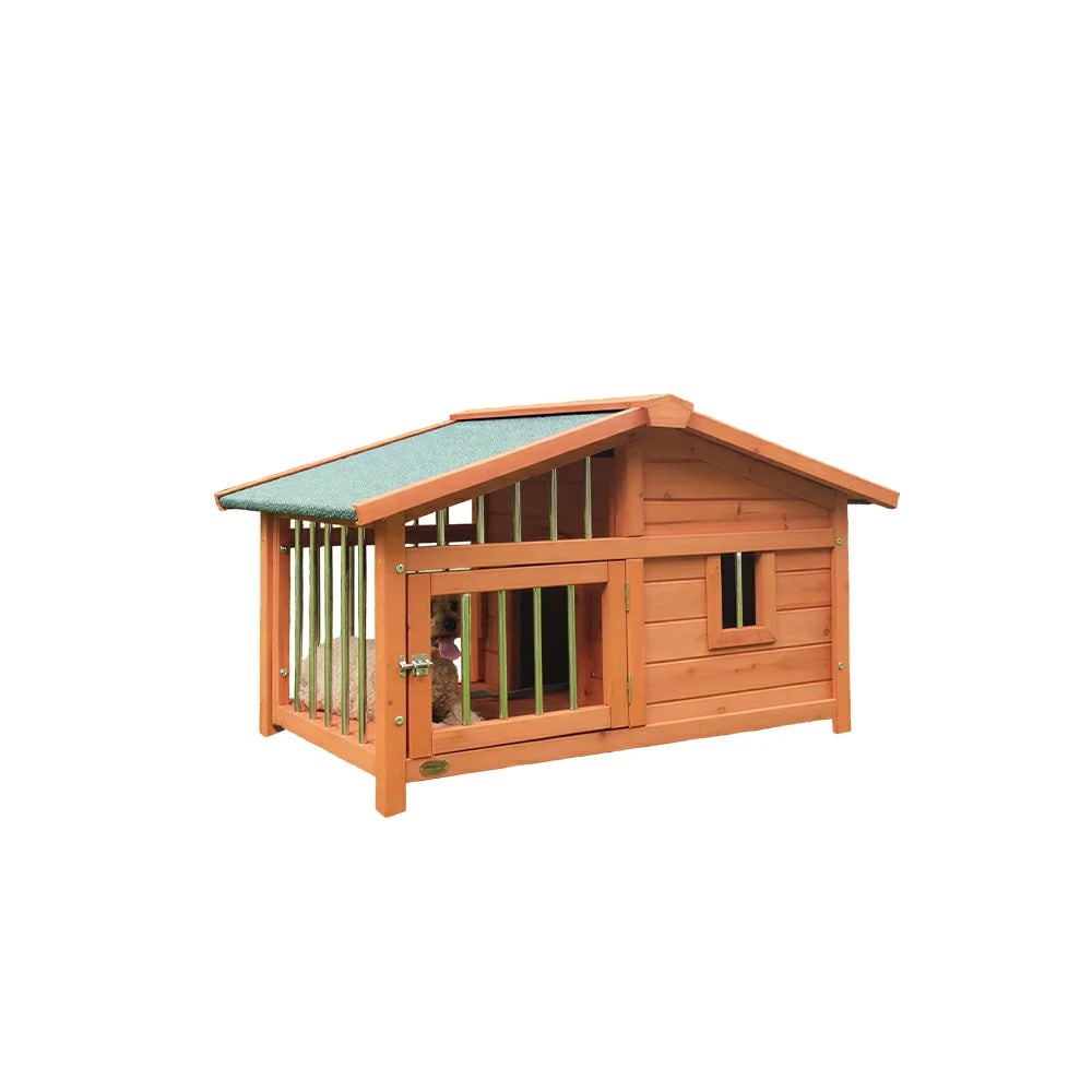 PAWORA Outdoor Fenced Dog House Solid Wood Waterproof Roof Openable Folding Support for Dogs under 7.5kg Courtyard Garden Balcony - Orange