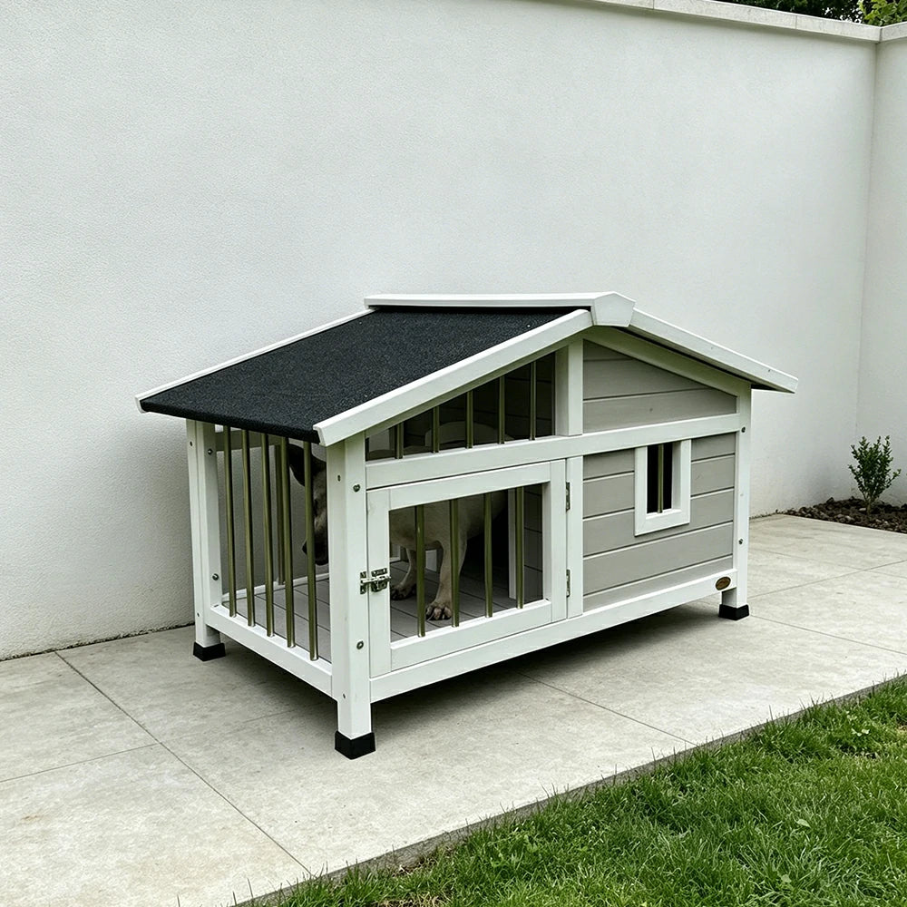 PAWORA Outdoor Fenced Dog House Solid Wood Waterproof Roof Openable Folding Support for Dogs under 7.5kg Courtyard Garden Balcony - Grey