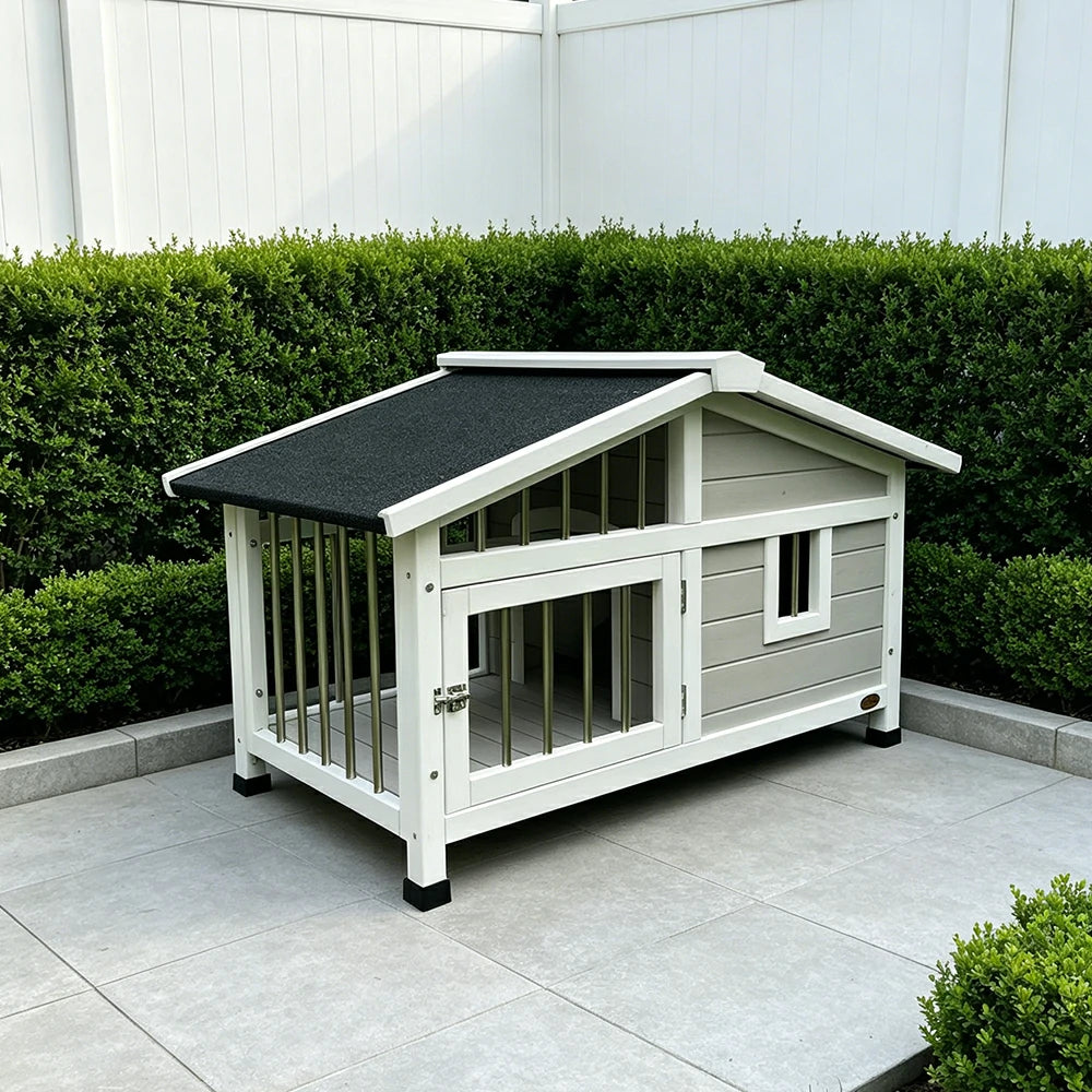 PAWORA Outdoor Fenced Dog House Solid Wood Waterproof Roof Openable Folding Support for Dogs under 7.5kg Courtyard Garden Balcony - Grey