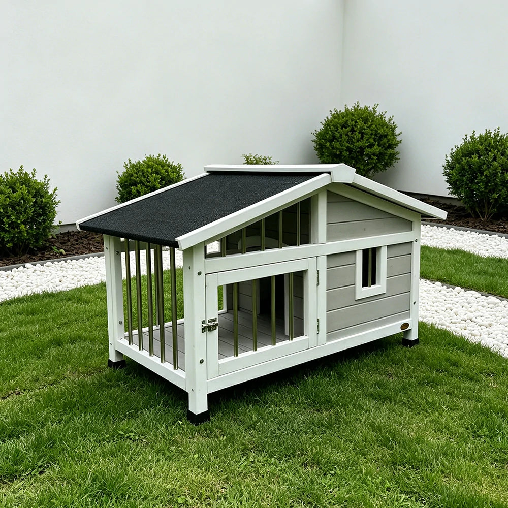 PAWORA Outdoor Fenced Dog House Solid Wood Waterproof Roof Openable Folding Support for Dogs under 7.5kg Courtyard Garden Balcony - Grey