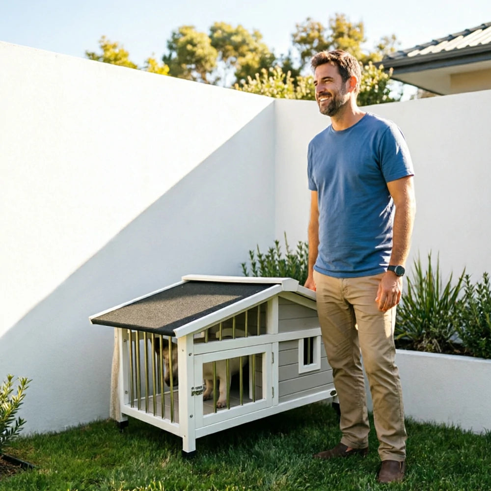 PAWORA Outdoor Fenced Dog House Solid Wood Waterproof Roof Openable Folding Support for Dogs under 7.5kg Courtyard Garden Balcony - Grey