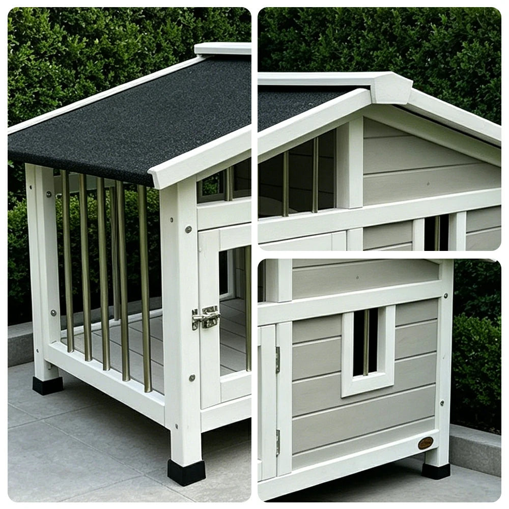 PAWORA Outdoor Fenced Dog House Solid Wood Waterproof Roof Openable Folding Support for Dogs under 7.5kg Courtyard Garden Balcony - Grey