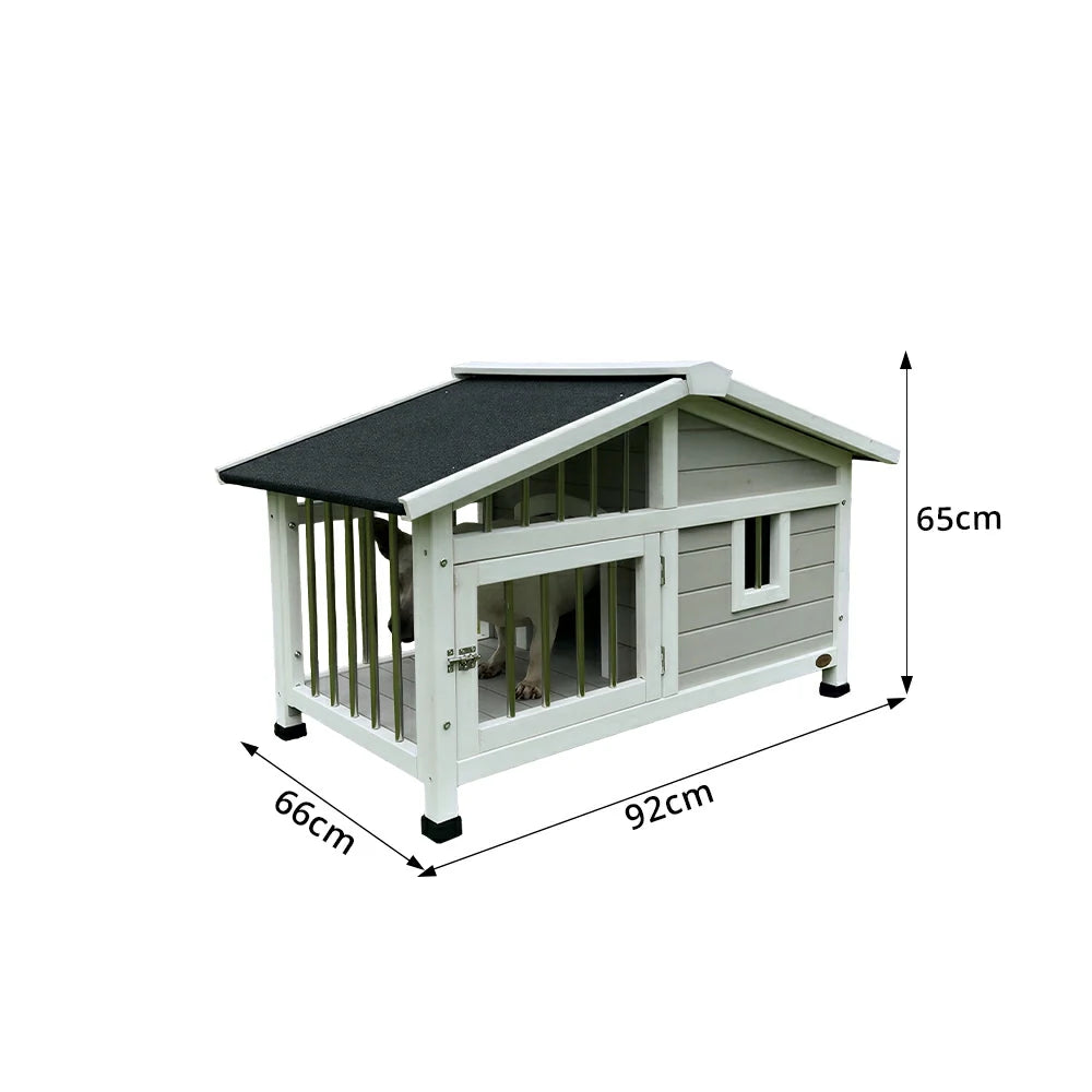PAWORA Outdoor Fenced Dog House Solid Wood Waterproof Roof Openable Folding Support for Dogs under 7.5kg Courtyard Garden Balcony - Grey