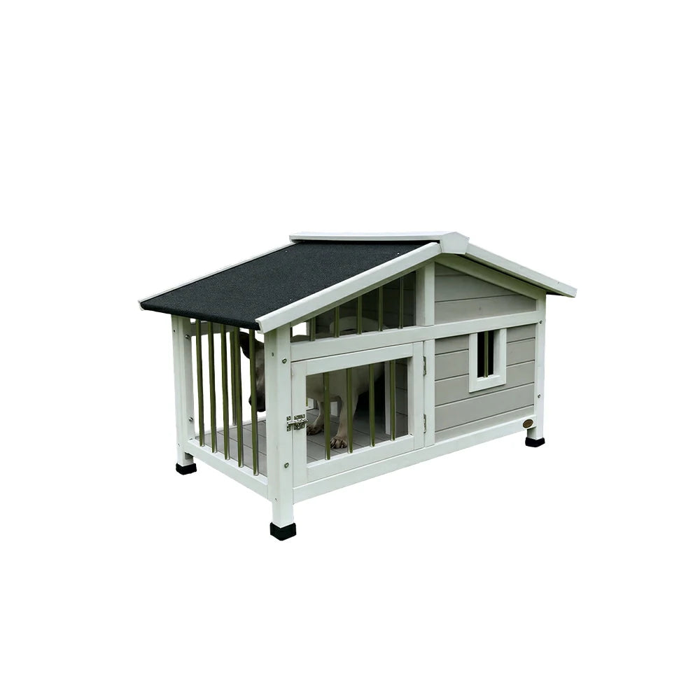 PAWORA Outdoor Fenced Dog House Solid Wood Waterproof Roof Openable Folding Support for Dogs under 7.5kg Courtyard Garden Balcony - Grey