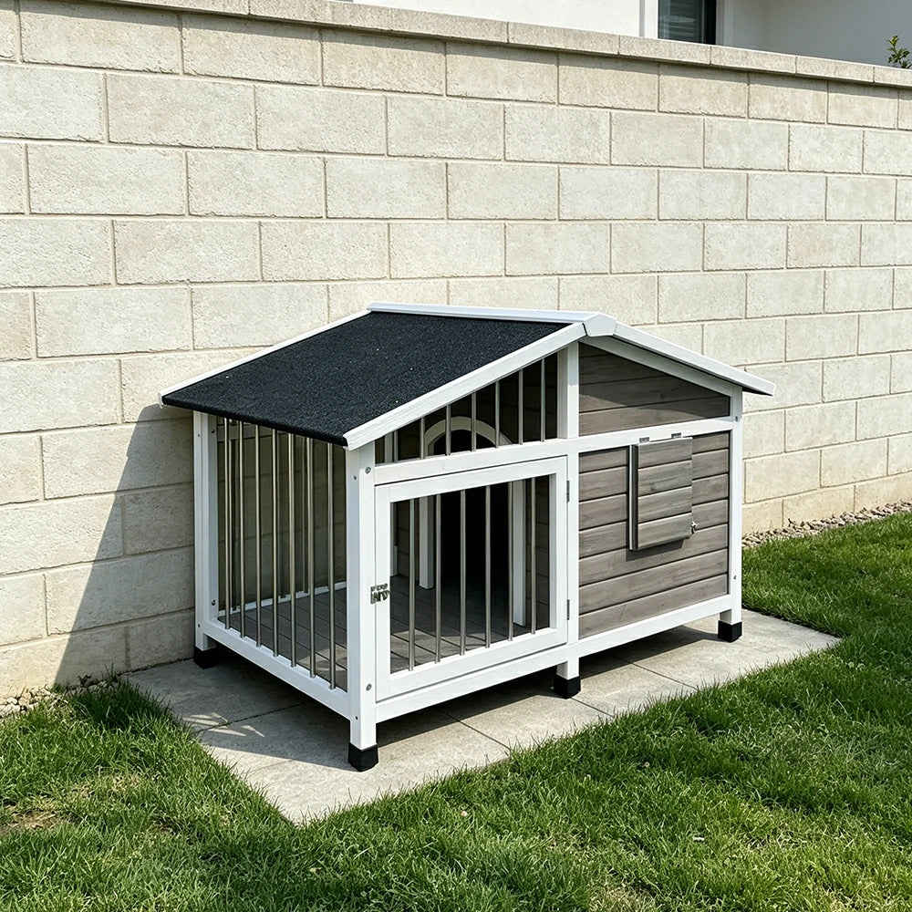 PAWORA Outdoor Fenced Dog House Solid Wood Waterproof Roof Openable Folding Support for Dogs under 17.5kg Courtyard Garden Balcony - Grey