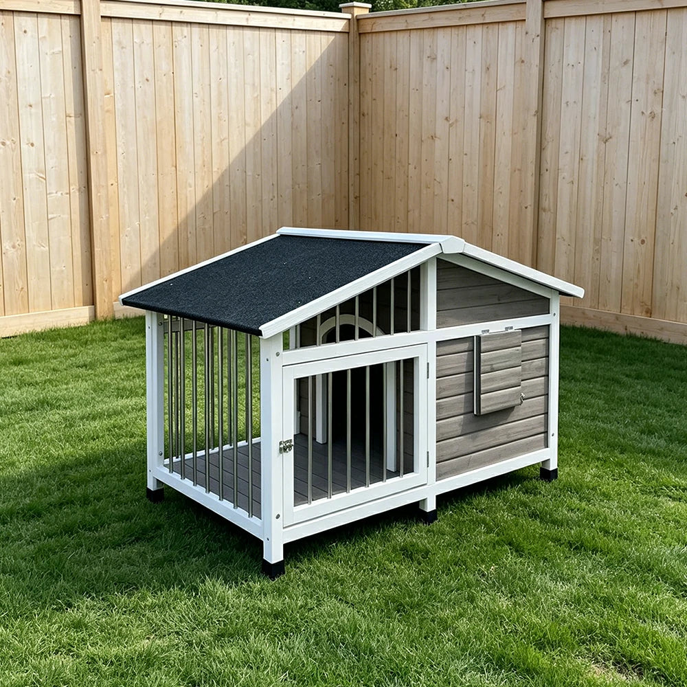 PAWORA Outdoor Fenced Dog House Solid Wood Waterproof Roof Openable Folding Support for Dogs under 17.5kg Courtyard Garden Balcony - Grey