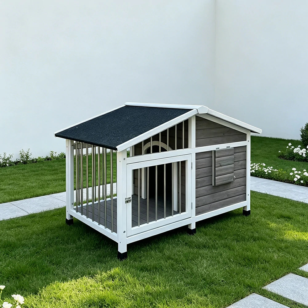 PAWORA Outdoor Fenced Dog House Solid Wood Waterproof Roof Openable Folding Support for Dogs under 17.5kg Courtyard Garden Balcony - Grey