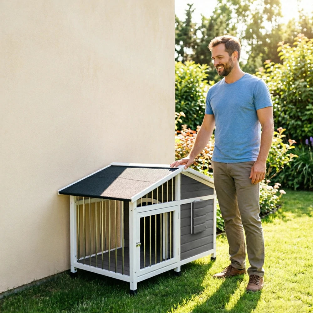 PAWORA Outdoor Fenced Dog House Solid Wood Waterproof Roof Openable Folding Support for Dogs under 17.5kg Courtyard Garden Balcony - Grey