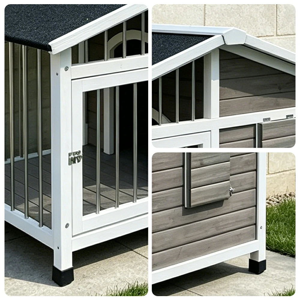 PAWORA Outdoor Fenced Dog House Solid Wood Waterproof Roof Openable Folding Support for Dogs under 17.5kg Courtyard Garden Balcony - Grey