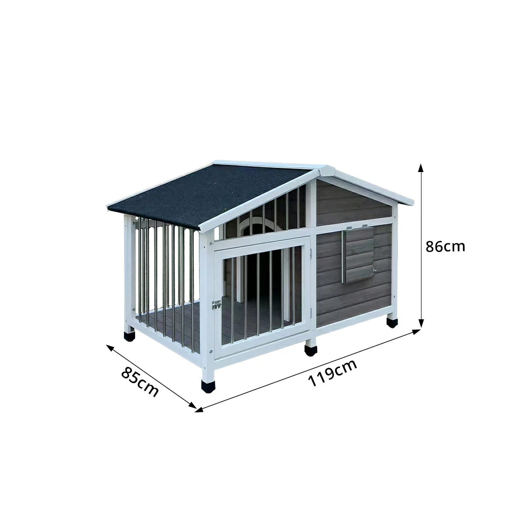 PAWORA Outdoor Fenced Dog House Solid Wood Waterproof Roof Openable Folding Support for Dogs under 17.5kg Courtyard Garden Balcony - Grey