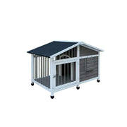 PAWORA Outdoor Fenced Dog House Solid Wood Waterproof Roof Openable Folding Support for Dogs under 17.5kg Courtyard Garden Balcony - Grey