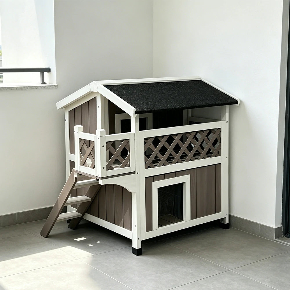 PAWORA Double-Layer Outdoor Cat House with Openable Roof, Balcony & Ladder For Balcony & Patio