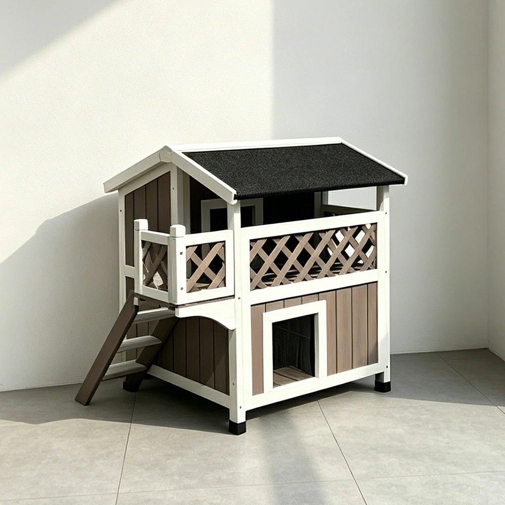PAWORA Double-Layer Outdoor Cat House with Openable Roof, Balcony & Ladder For Balcony & Patio