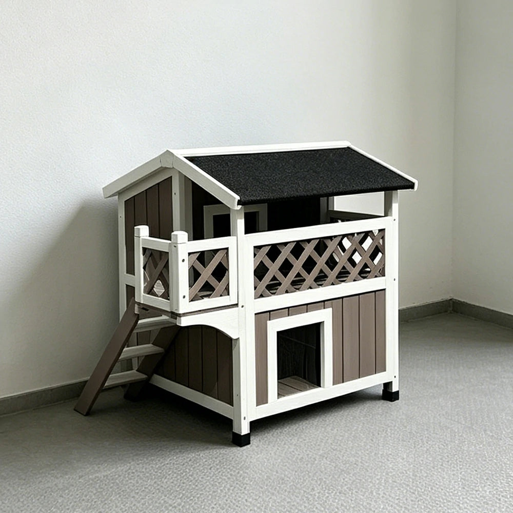 PAWORA Double-Layer Outdoor Cat House with Openable Roof, Balcony & Ladder For Balcony & Patio