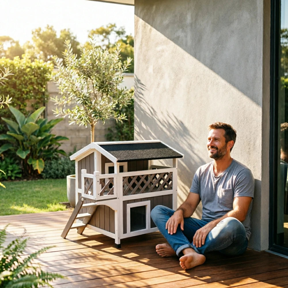PAWORA Double-Layer Outdoor Cat House with Openable Roof, Balcony & Ladder For Balcony & Patio
