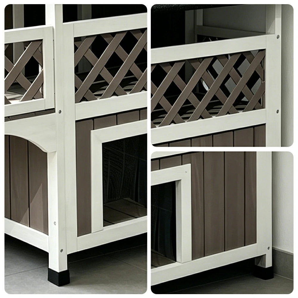 PAWORA Double-Layer Outdoor Cat House with Openable Roof, Balcony & Ladder For Balcony & Patio