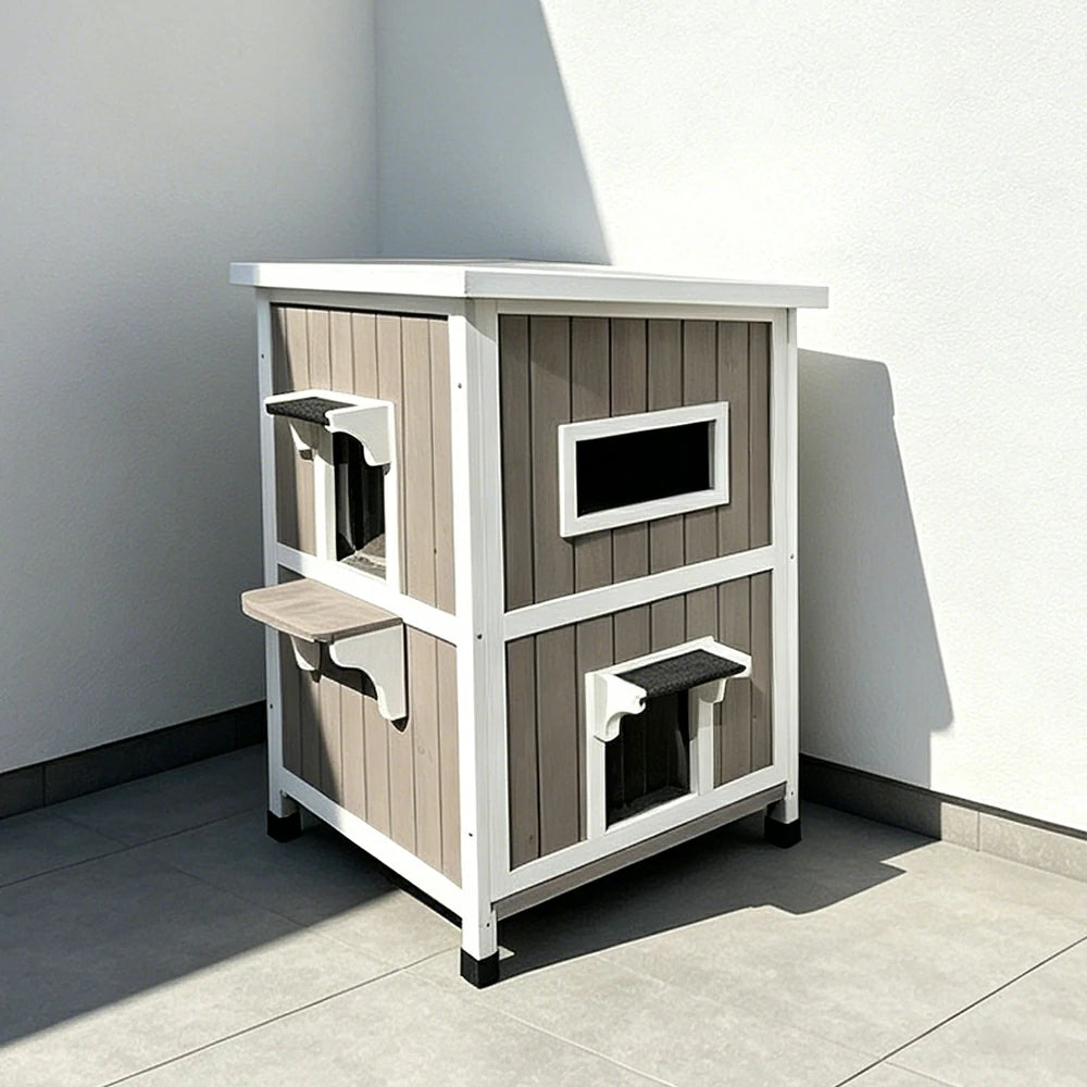 PAWORA Solid Wood Double-Layer Cat House with Semi-Open Roof, Removable Floor & Side Window For Patio & Balcony
