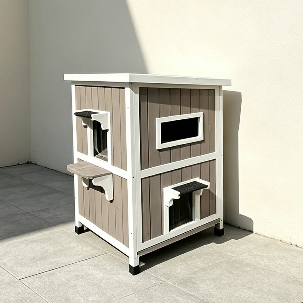 PAWORA Solid Wood Double-Layer Cat House with Semi-Open Roof, Removable Floor & Side Window For Patio & Balcony