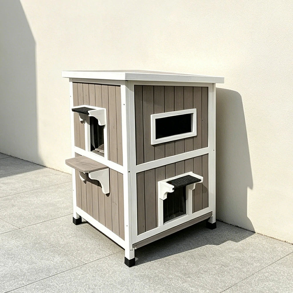 PAWORA Solid Wood Double-Layer Cat House with Semi-Open Roof, Removable Floor & Side Window For Patio & Balcony