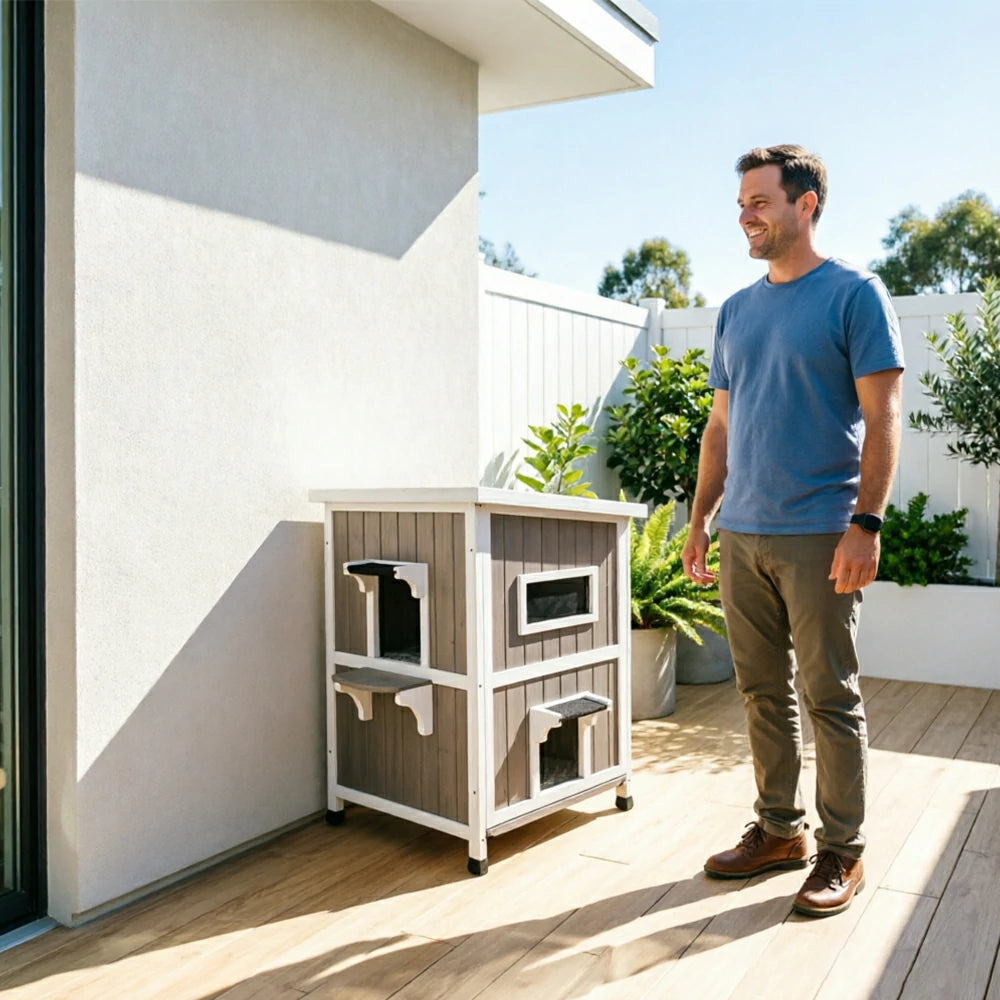 PAWORA Solid Wood Double-Layer Cat House with Semi-Open Roof, Removable Floor & Side Window For Patio & Balcony