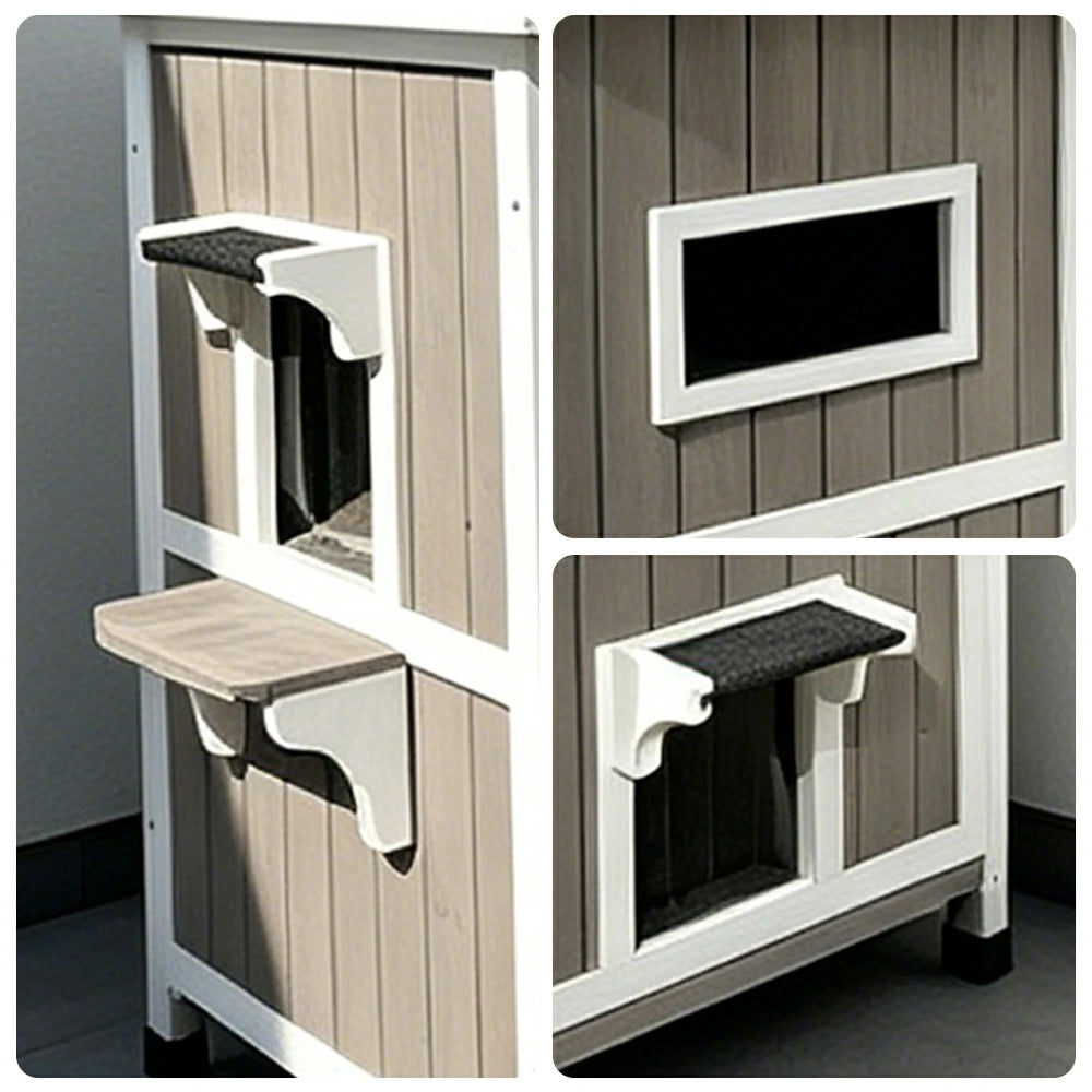 PAWORA Solid Wood Double-Layer Cat House with Semi-Open Roof, Removable Floor & Side Window For Patio & Balcony