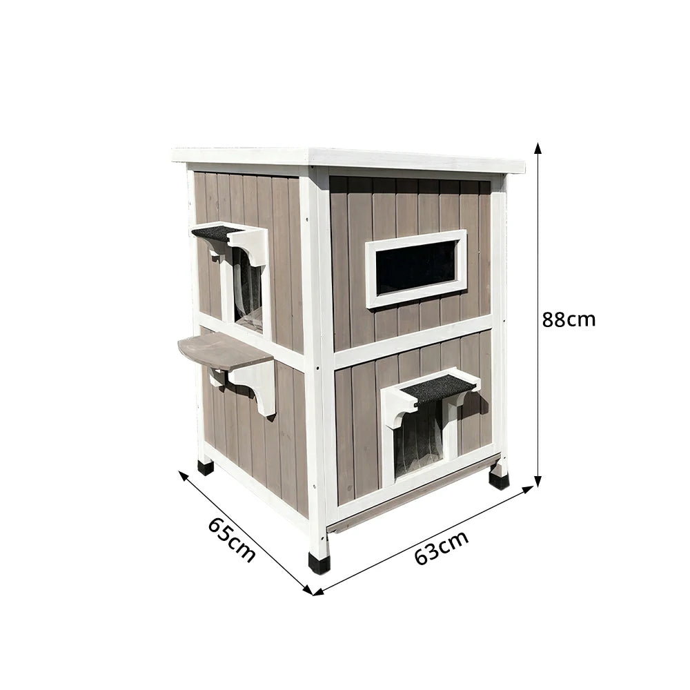 PAWORA Solid Wood Double-Layer Cat House with Semi-Open Roof, Removable Floor & Side Window For Patio & Balcony
