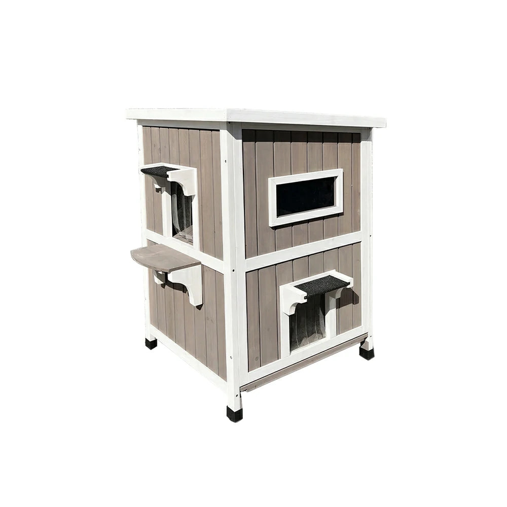 PAWORA Solid Wood Double-Layer Cat House with Semi-Open Roof, Removable Floor & Side Window For Patio & Balcony