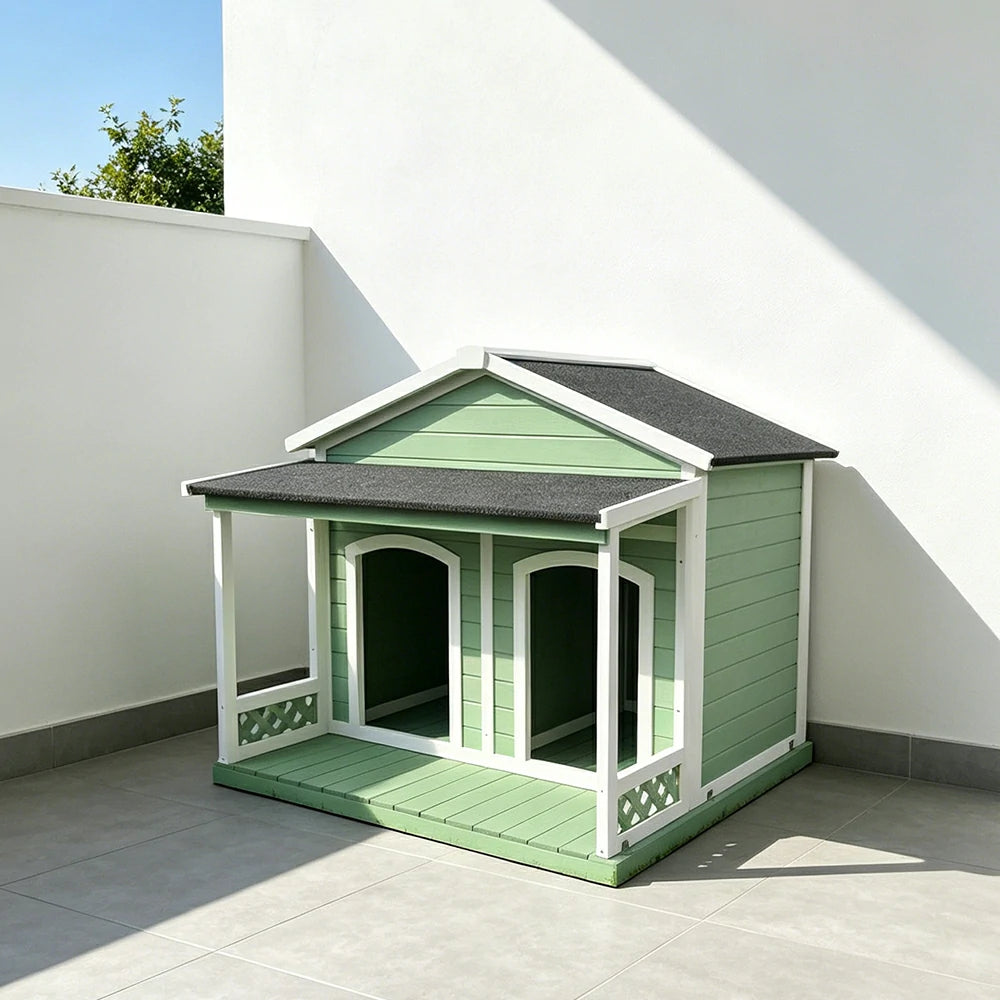 PAWORA Double-Door Solid Wood Dog House with Removable Divider Thick Floor & Weather-Resistant Roof For Patio & Balcony