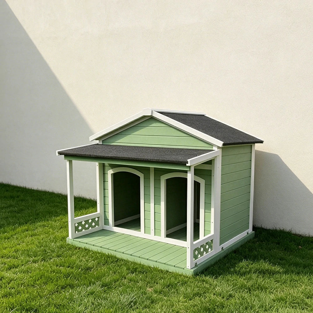 PAWORA Double-Door Solid Wood Dog House with Removable Divider Thick Floor & Weather-Resistant Roof For Patio & Balcony