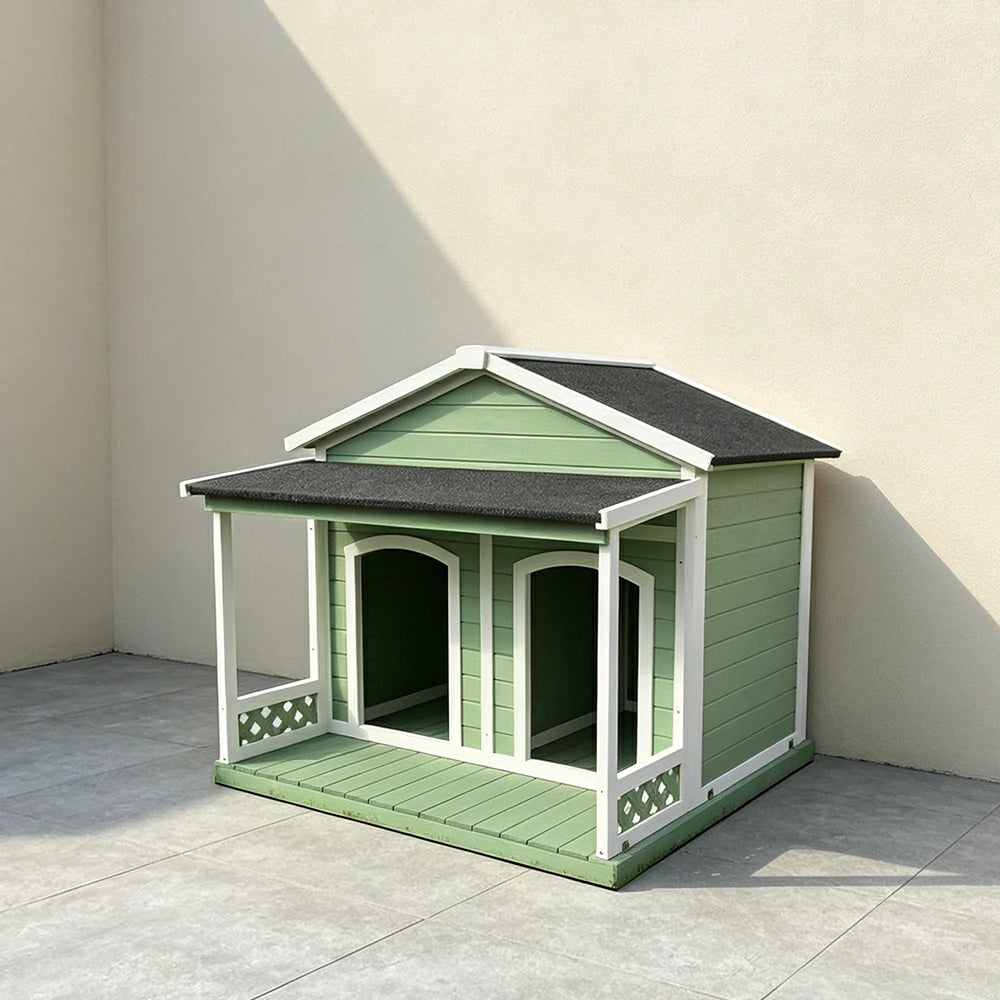 PAWORA Double-Door Solid Wood Dog House with Removable Divider Thick Floor & Weather-Resistant Roof For Patio & Balcony