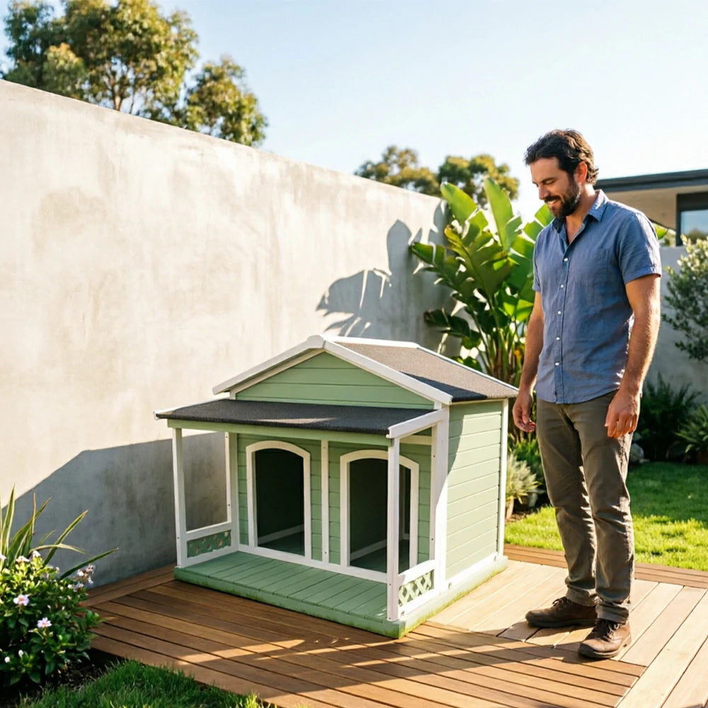 PAWORA Double-Door Solid Wood Dog House with Removable Divider Thick Floor & Weather-Resistant Roof For Patio & Balcony