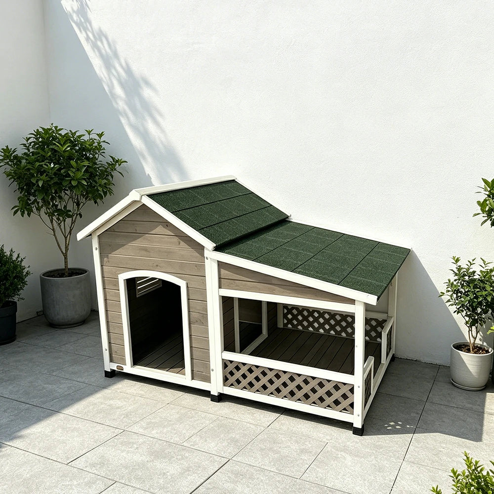 PAWORA Solid Wood Dog House with Extended Side Space Raised Waterproof Design & Weather-Resistant Roof For Patio Balcony