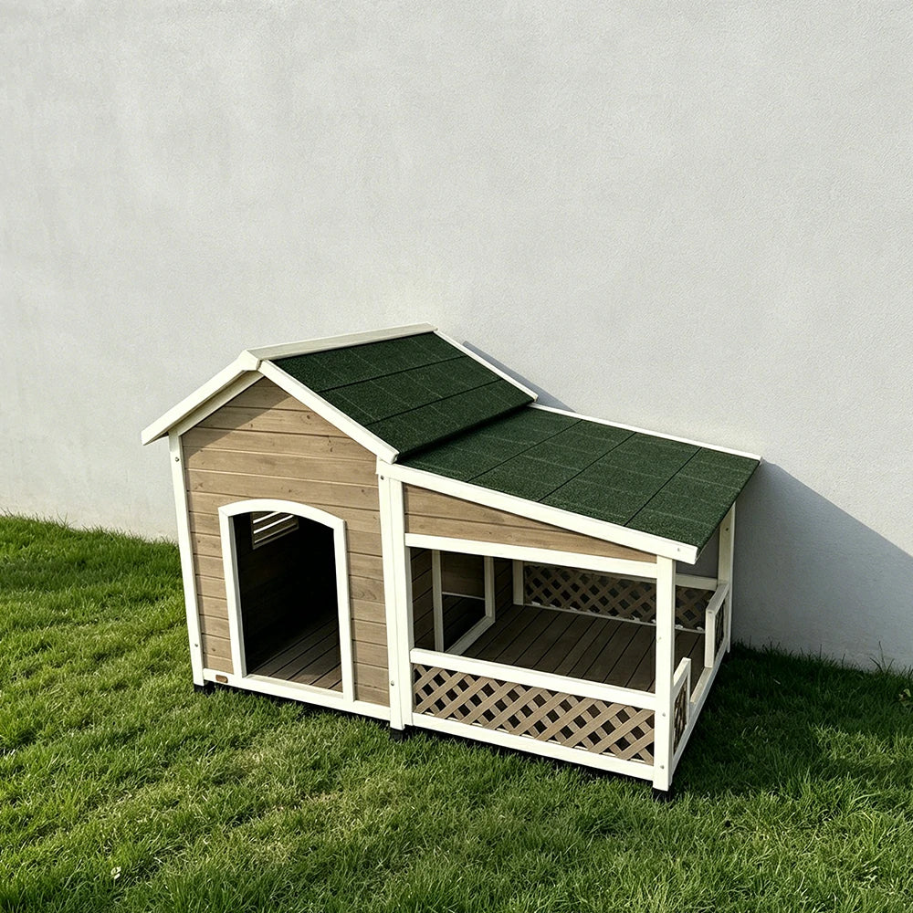 PAWORA Solid Wood Dog House with Extended Side Space Raised Waterproof Design & Weather-Resistant Roof For Patio Balcony