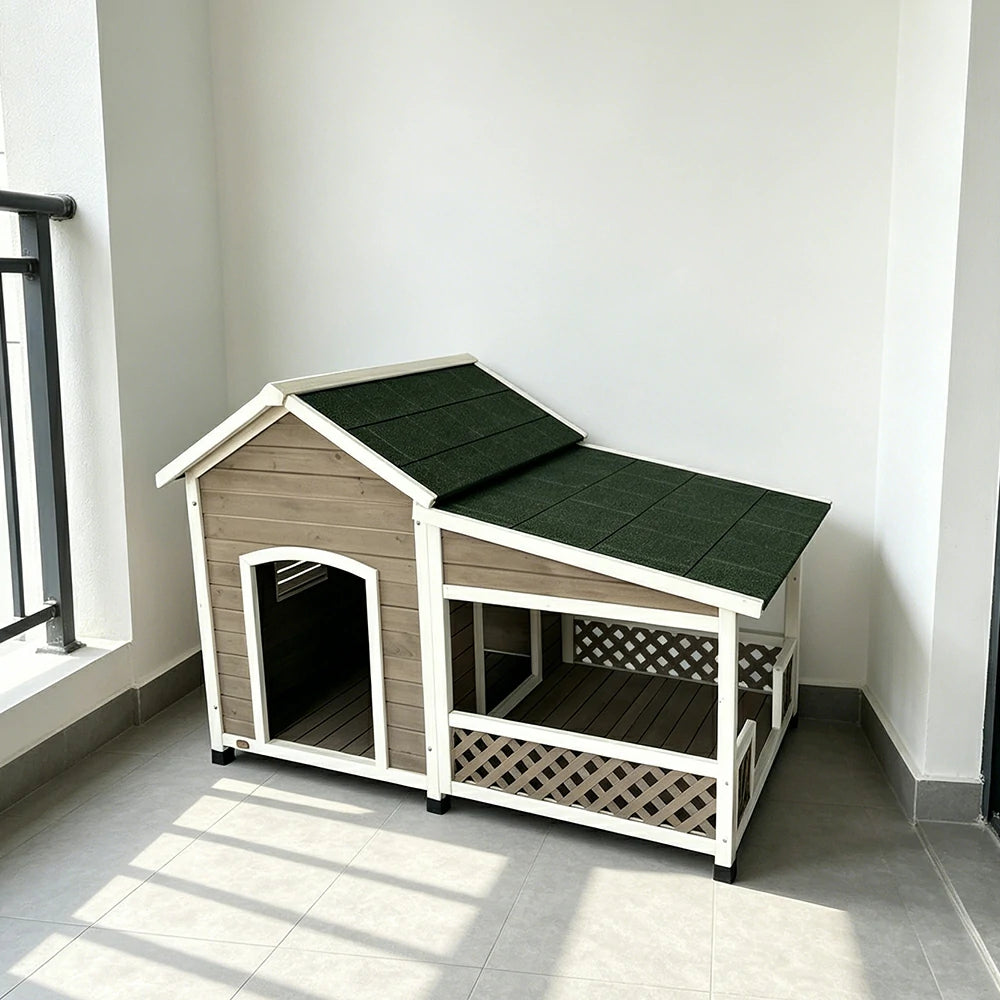 PAWORA Solid Wood Dog House with Extended Side Space Raised Waterproof Design & Weather-Resistant Roof For Patio Balcony